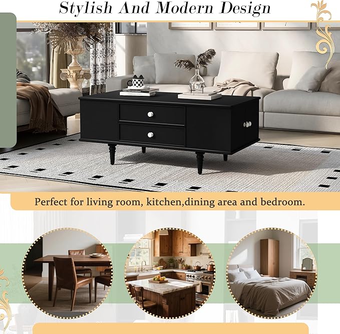 Modern Wooden Coffee Table with Hidden Storage Cabinets and Drawers, 47.2-Inch Rectangular Center Cocktail Table with Solid Wood Legs for Living Room, Black