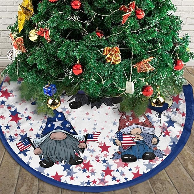 July 4th American Flag Patriotic Tree Skirt 48" Gnome Tree Mat for Christmas Xmasn Festive Party Yard Decorations Indoor Outdoor Ornaments