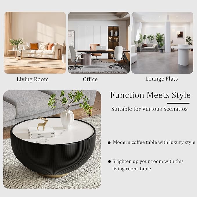 27.55" Black Round Coffee Table, Drum Coffee Table with Sintered Stone Tabletop and Fluted PU Leather Covered and Metal Base, Circle Cocktail Tea Table for Living Room
