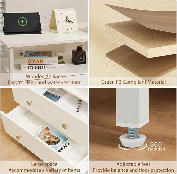 27 inch Wide Night Stand with Charging Station, Bedside Table with Open Shelf, 2 Drawers Small Wood Dresser, Modern Wood Nightstand for Bedroom/Living Room (White)