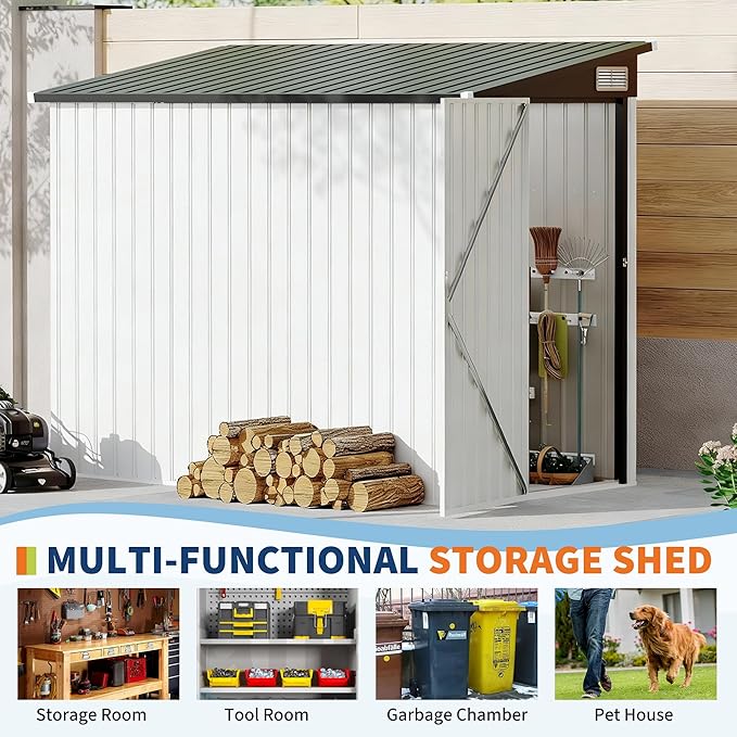 4x8 FT Metal Outdoor Lean to Storage Shed, Lean to Garden Shed Utility Tool Shed, Heavy-Duty Outdoor Metal Wall Side Storage Sheds
