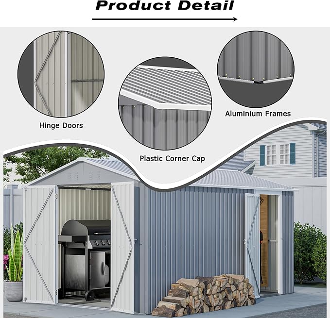 8x12 FT Metal Outdoor Storage Shed with Adjustable Side Door & Lockable Double Doors, Aluminum Frame, Weatherproof Tool Shed with Floor Frame for Garden, Backyard & Equipment Storage