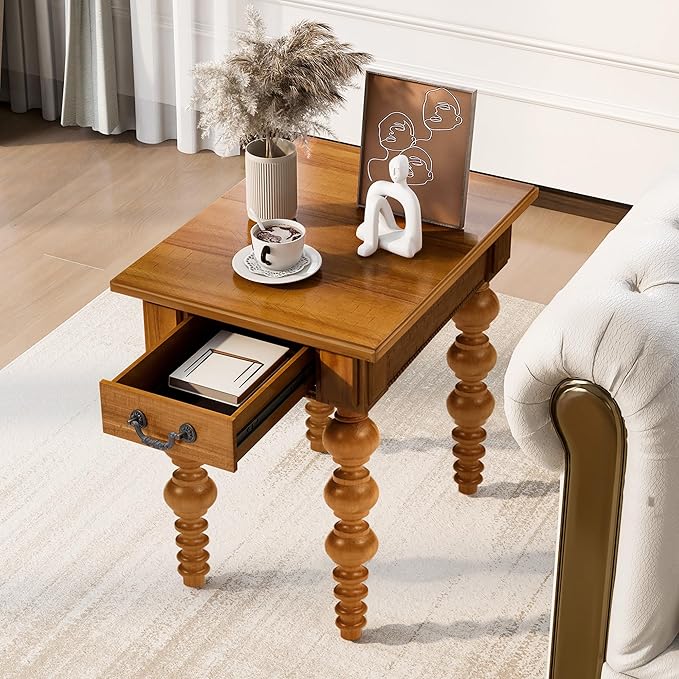 Amposei Retro Wooden Side End Table Vintage Nightstand Bedside Table with 1 Storage Drawer & Solid Wood Legs for Living Room Bedroom, No Assembly, Natural