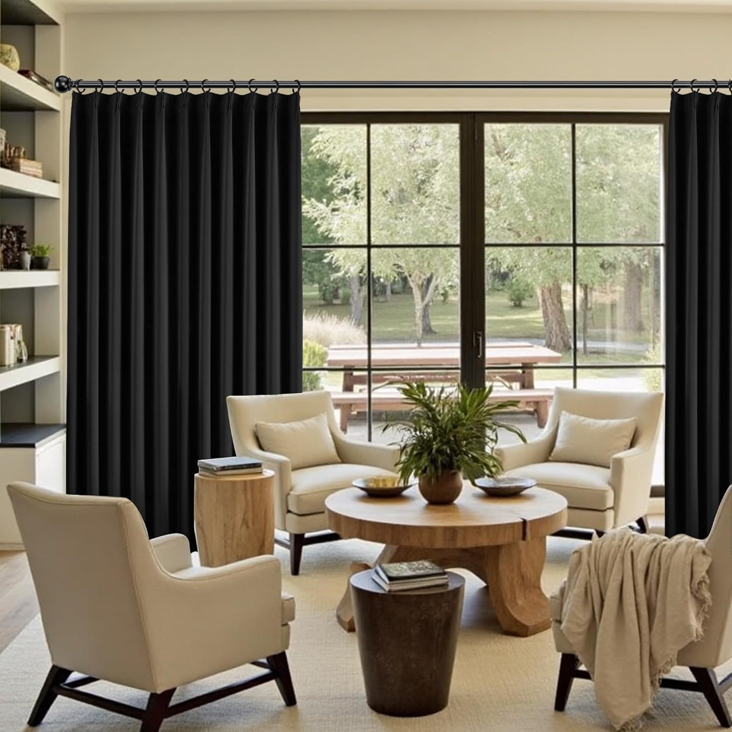 KangBang Pinch Pleated 108 Inch Long Blackout Curtains 2 Panels Set, Thermal Insulated Energy Saving Privacy Draperies for Sliding Door Doorway with Hooks Track System,40”Wx108”L, Black