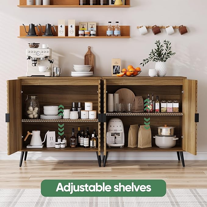 Sideboard Cabinet with Adjustable Shelf, Freestanding Walnut Small Buffet with Storage, Wooden Console Cabinet with Diamond Parquetry Doors for Living Room, Entryway, Console