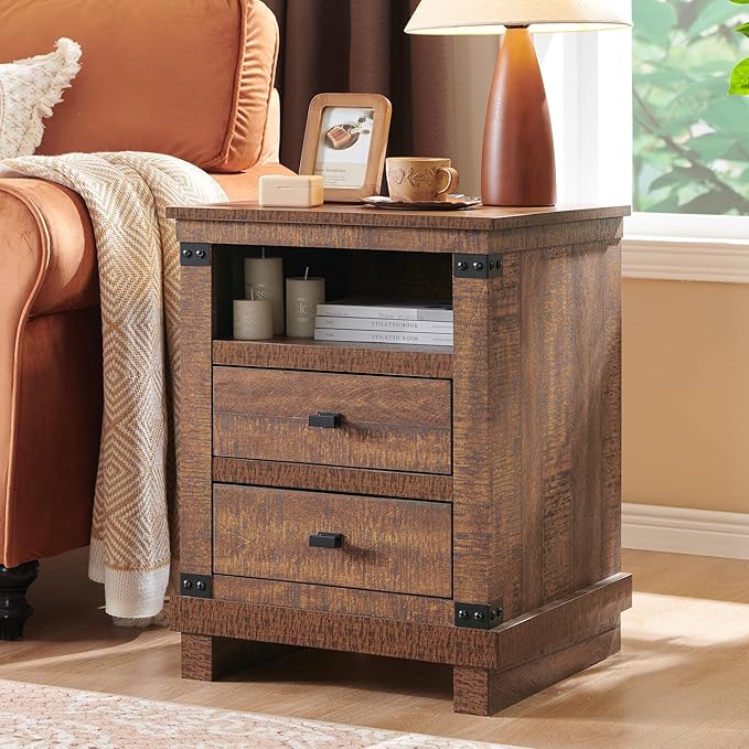 Farmhouse Nightstand with Charging Station, 18" Rustic Night Stand with 2 Storage Drawers, Wood End Table for Bedroom, Living Room, Reclaimed Barnwood