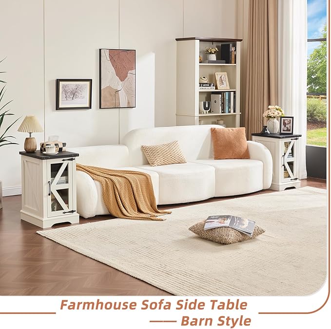 Narrow Night Stand Set 2, Farmhouse Side End Table with Glass Barn Door Storage, Bedside Tables, White Nightstand Cabinet Organizer for Small Spaces Living Room Bedroom