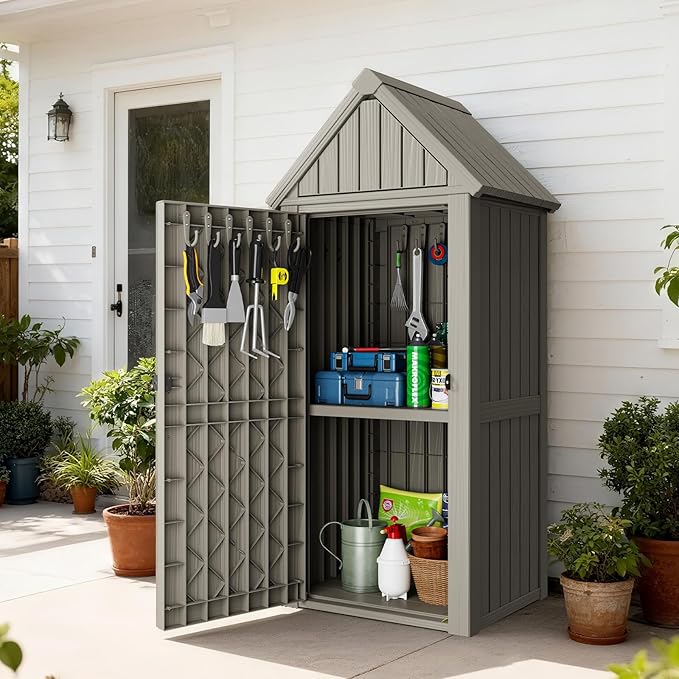 Outdoor Resin Storage Shed, Outdoor Storage Cabinet Waterproof with Hooks and Lock Ring, Multifunctional Storage Shed with Floor and Removable Shelves, All Weather Tool Shed for Patio, Lawn, Brown