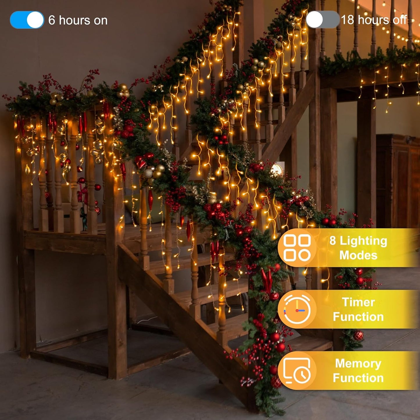 648 LED Christmas Lights with 144 Drops, 66ft 8 Modes Christmas String Lights Outdoor, Waterproof Christmas Decorations Fairy Lights with Timer Memory for Xmas Party Patio Window Fence Warm White