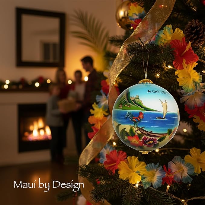 Scenic Hawaiian Ornament Collectible Hand-Painted Glass with Gift Box OTH/H