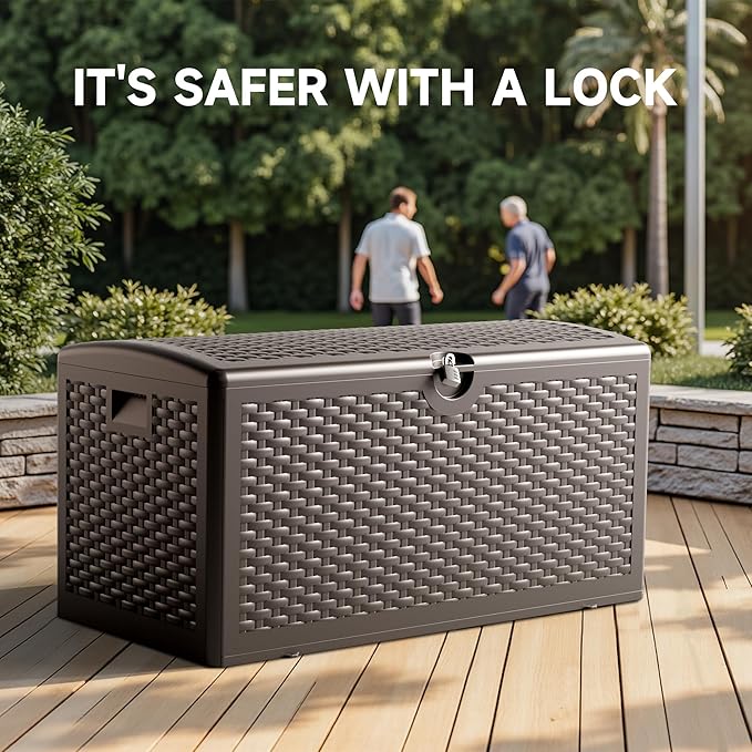 80 Gallon Resin Storage Box, All-Weather, Lockable Multi-Purpose Deck Box for Outdoor Cushions, Patio Items, and Garden Equipment, Pure Brown
