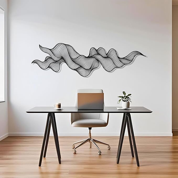 pluviart Abstract Metal Wall Art – Modern Black Wave Line Sculpture, Large 3D Wall Decor for Living Room, Bedroom, Office, Contemporary Home Decoration (50"x15")