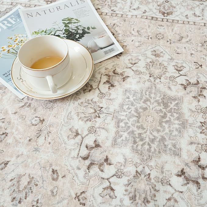 Washable 2x5 Hallway Runner Rug: Vintage Water Resistant Kitchen Entryway Rug Ultra Soft Living Room Bedroom Carpet with Non Slip Backing Indoor Low Pile Floor Mat for Bathroom Dining Room(2X5,Beige)