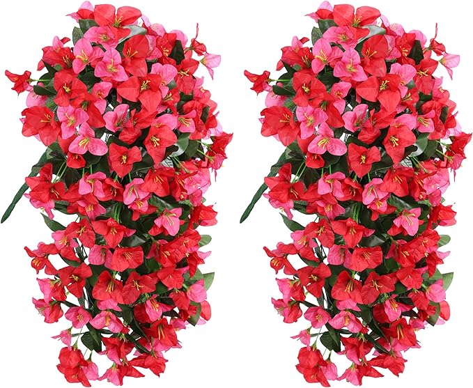 HyeFlora Bougainvillea Artificial Hanging Flowers Plants for Outdoors Decoration, 2pcs Fake Flowers Silk Bougainvillea Vines Realistic UV Resistant Faux Flowers for Outdoor Planters Porch Patio, Mix