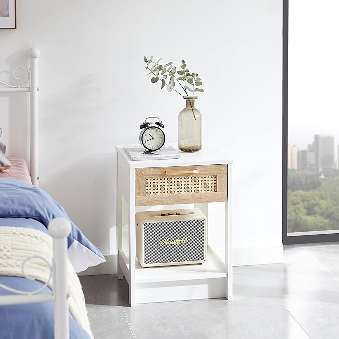 Rattan Nightstand - Wooden Boho End Table with Storage Drawer and Opening Shelf, Bedside Tables Bed Side Table Accent Table for Living Room, Bedroom Small Space