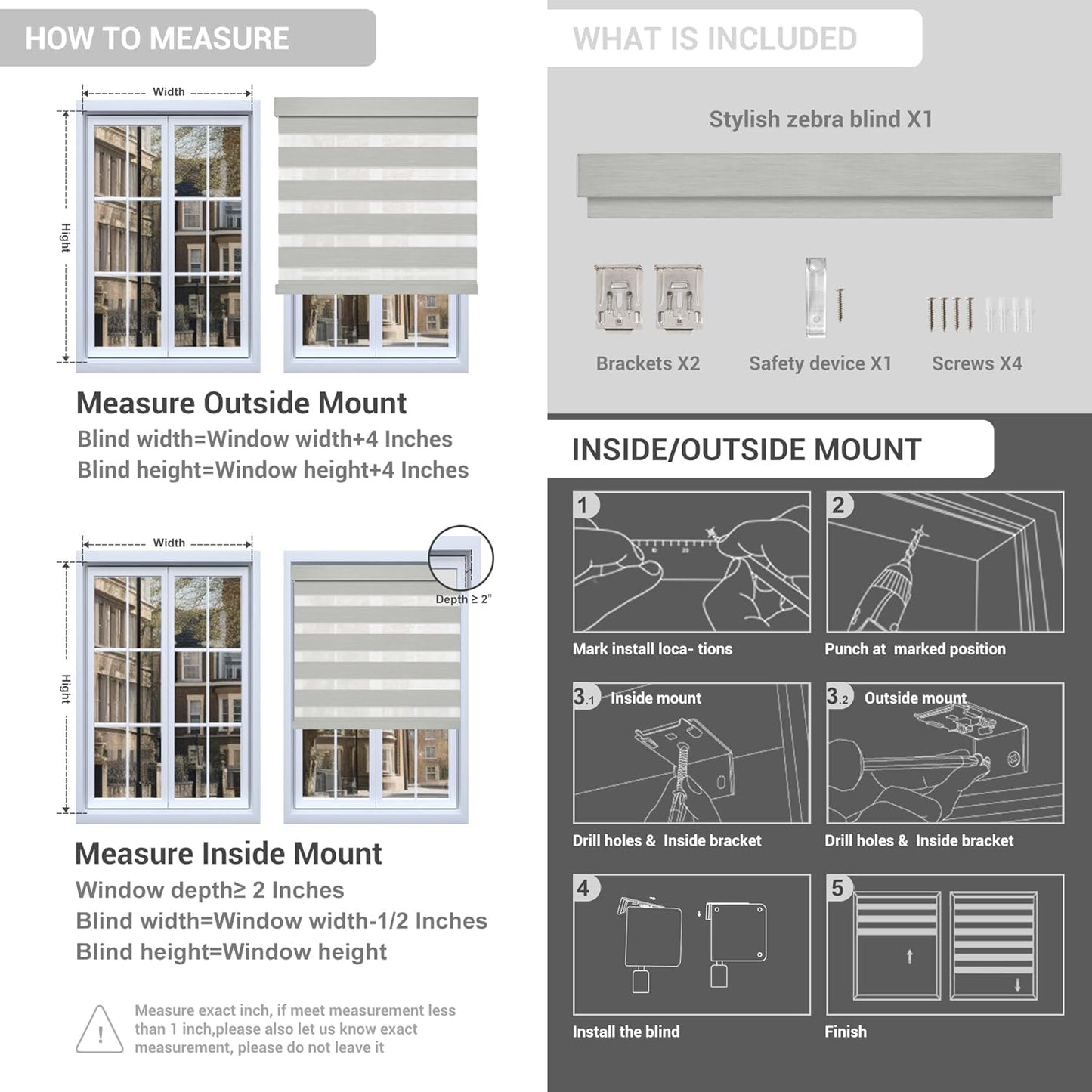 Cordless Zebra Blinds for Windows, Blackout Interior Blinds,Easy to Install,UV Protection,for Offices and Home,Custom Roller Shades, Mousse Light Grey,75" W x 48" H