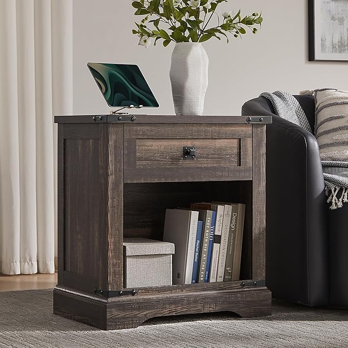 T4TREAM 24" Farmhouse Nightstand with Charging Station, Large End Table with Drawer and Open Storage Cabinet, Rustic Wood Bedside Table Sofa Table for Bedroom, Dark Rustic Oak