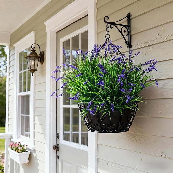 12 Bundles Artificial Lavender Flowers Faux Plants for Outdoor Fake Monkey Grass with Flowers Realistic Faux Greenery Shrubs for Porch Planters Patio Garden Window Boxes Pathway Decor (Purple)