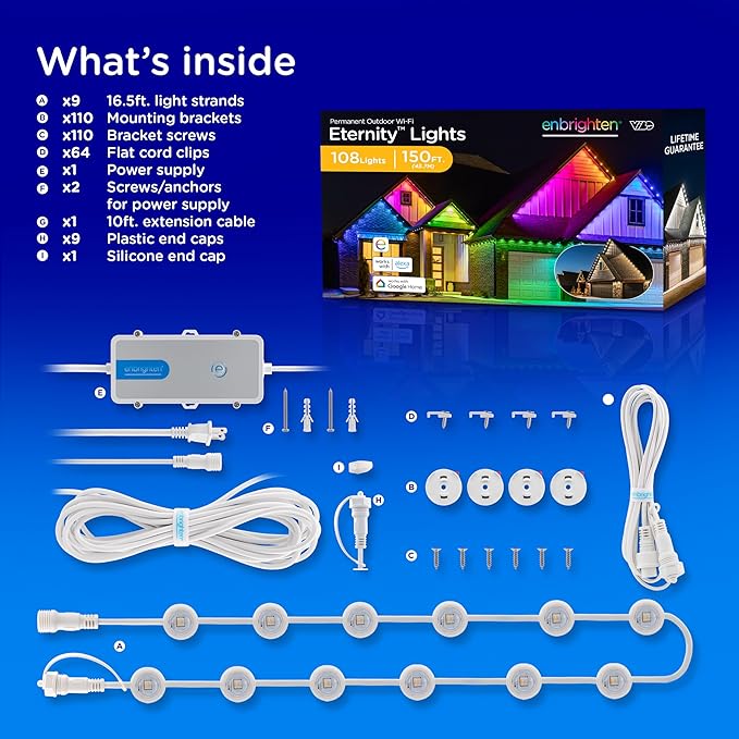 Enbrighten Vibe Eternity Permanent Outdoor Lights for House, 150ft, 108 RGBWIC LEDs, Close Spacing, 33lm, Color Changing, Christmas, Eave Lighting, Smart App, Works with Alexa, Google Home, 85102