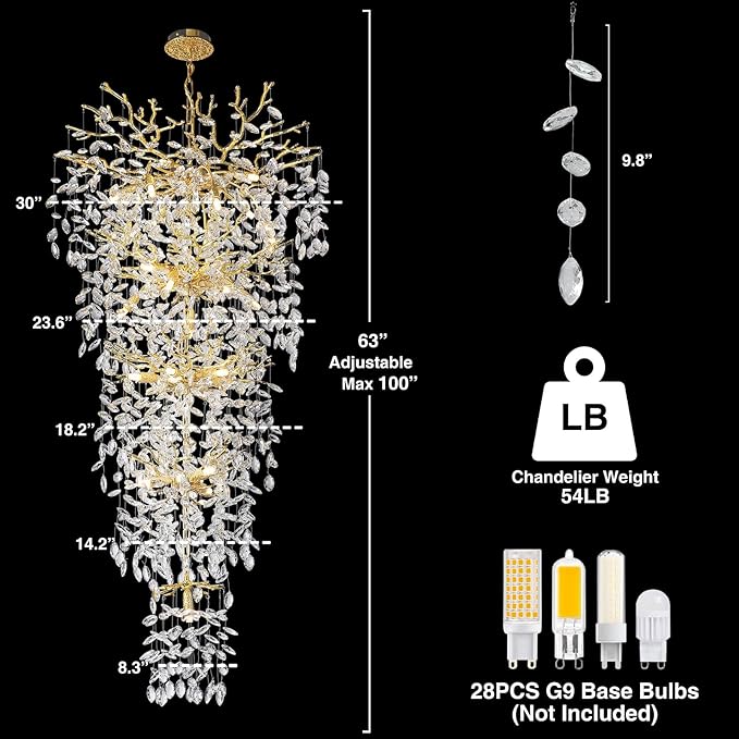 63'' Long Crystal Chandelier for High Ceiling, 28-Light Modern Gold Tree Branch Chandelier, Large Chandeliers for Foyer Entryway Staircase Living Room, 5-Tier Luxury K9 Crystal Raindrop Light Fixture