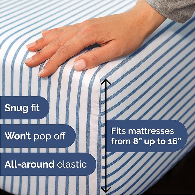 Queen Size 4 Piece Sheet Set - Comfy Breathable & Cooling Bed Sheets Set - Hotel Luxury Bedding for Women, Men, Kids, Teens, Boys & Girls - Deep Pockets, Soft, Wrinkle Free - Oeko-Tex - Blue Stripes 2