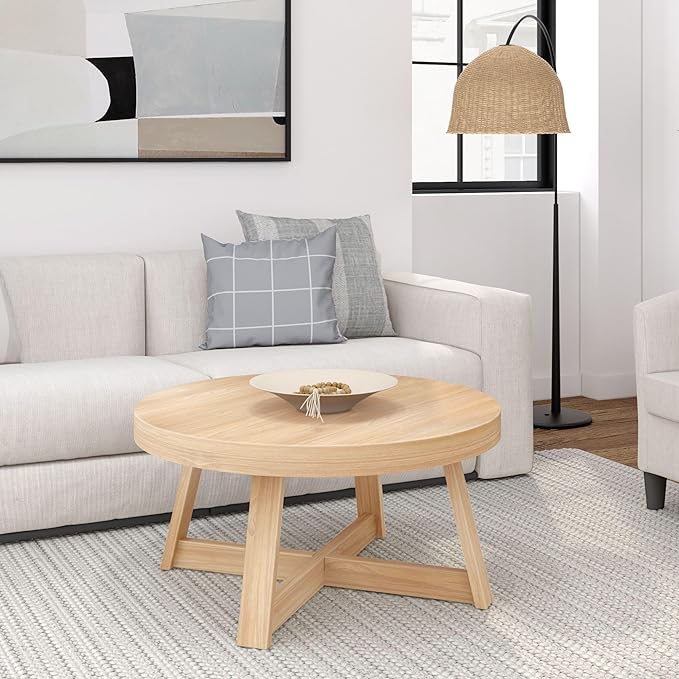 Plank+Beam Classic Round Coffee Table, 36 Inch Farmhouse Coffee Table, Rustic Mini Center Tables for Small Spaces, Small Living Space Tea Table, Blonde Wirebrush