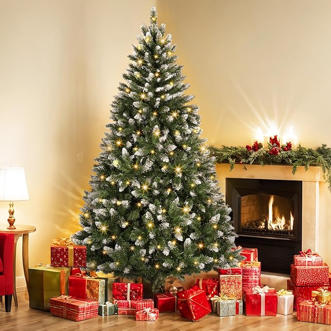 6 FT Prelit Artificial Christmas Tree with 250 Dual-Color LED Lights, 11 Modes Timer, 800 Snowy Tips - Easy Assembly Xmas Tree for Indoor/Outdoor Home Christmas Decorations