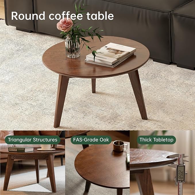 100% Solid Oak Wood Mini Coffee Table, Round Cofffe Tables Side Table w/Solid Wood Legs, Walnut Mid Century Table for Bedroom Balcony Living Room (29.53" D x 17.72" H)