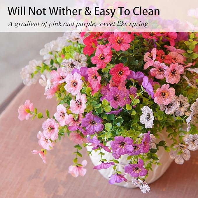 Artificial Flowers for Outdoor Indoor Garden Home Decoration, Faux Flower Daisy with Eucalyptus Leaves Fake Plants Greenery Boxwood Porch Patio, 10 Bundles (Purple-Pink)