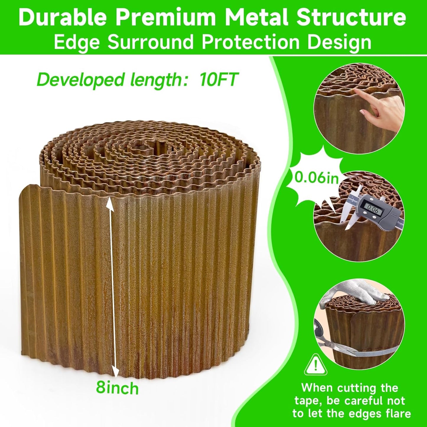 Corrugated Garden Edging, 8"×10Ft Pre-Rusted Landscape Edging & Lawn Edging Border, Metal Garden Border for Flower Beds, Garden，Lawn，Raised Beds & Tree Surrounds
