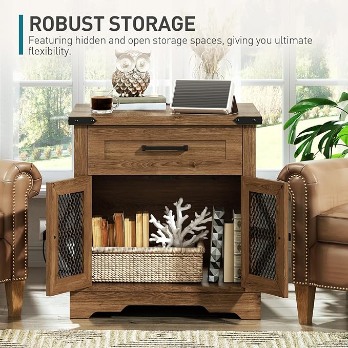 Walnut Farmhouse End Table with Charging Station, 24" Large Sofa Side Table with Drawer, Large End Table for Living Room, Wooden Nightstand with Outlet, Square, Walnut