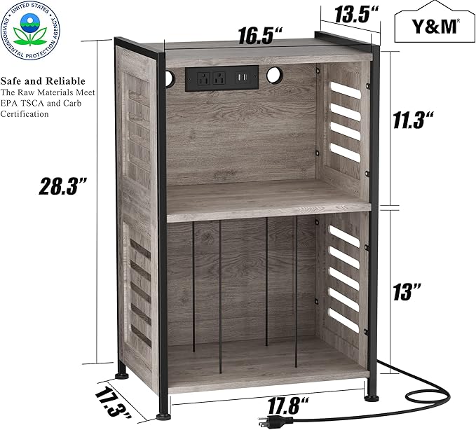 Y&M Record Player Stand, Vinyl Turntable Stand with Charging Station and USB Port, Record Display Table with Storage Cabinet, Turntable Holder, End Table, Nightstand for Bedroom, Living Room, Gray