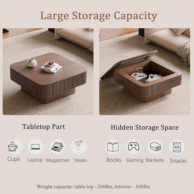 31.5" Square Coffee Table with Hidden Storage Compartment, Modern Handcraft Fluted Drum Coffee Table, Wooden Square Center Table Cocktail Tea Table with Sturdy Pedestal for Living Room,Walnut