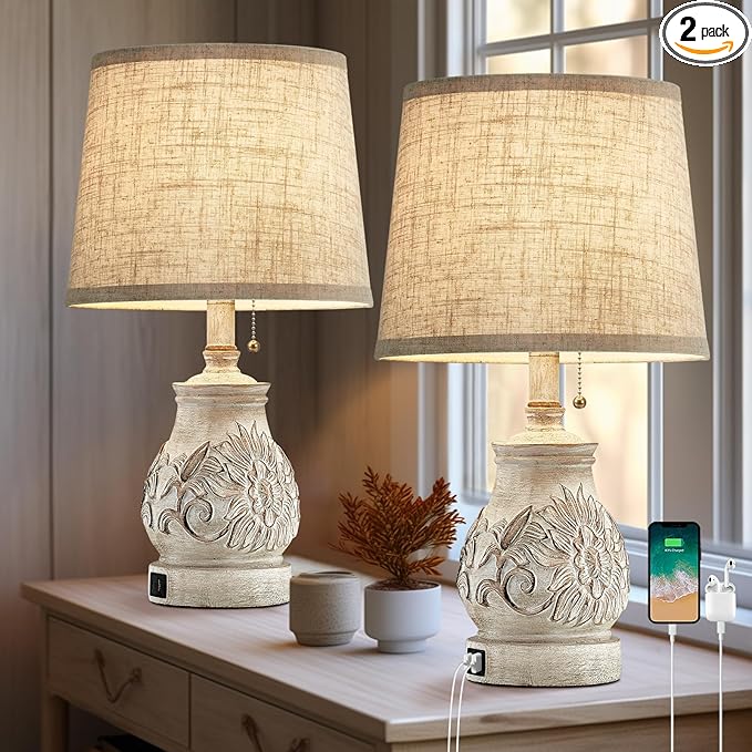 19.5'' Farmhouse Table Lamps for Bedrooms Set of 2 Vintage Bedside Lamps for Nightstand with USB Charging Ports Traditional Rusic Side Table Lamps for Living Room Wooden Carved Floral, Pull Chain