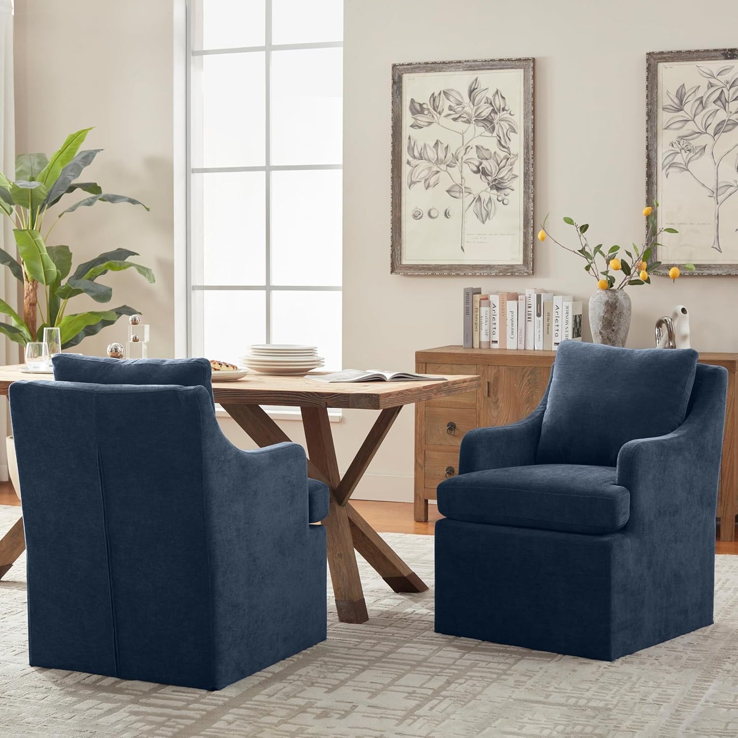 VKNOW Upholstered Dining Chairs Set of 2, Modern Kitchen Chairs Dinner Chairs with 4 Casters, Linen Armchair for Bedroom Reading Room Living Room, Navy