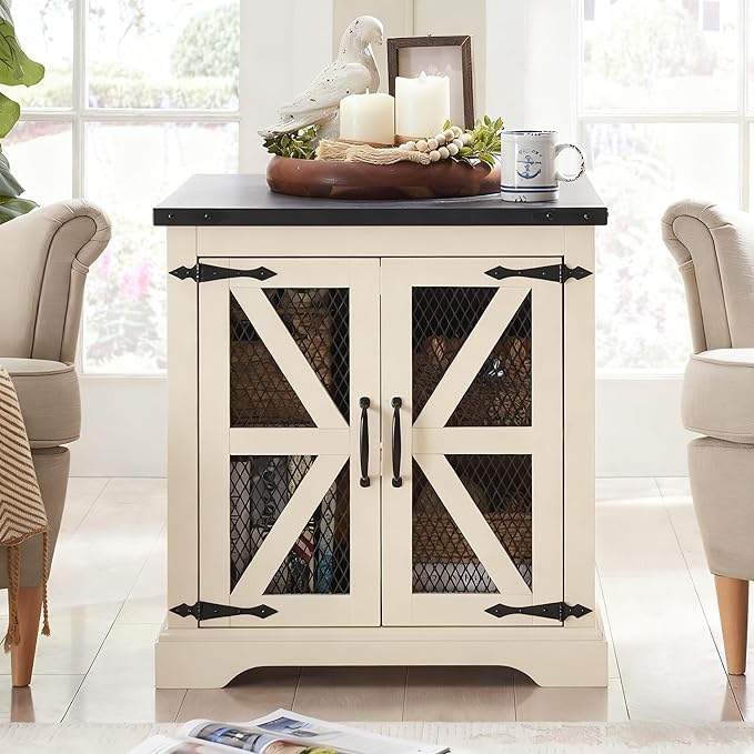 JXQTLINGMU Farmhouse End Table, 24" Large Sofa Side Table with Charging Station, Mesh Barn Door, and Adjustable Storage Shelf, Rustic Wood Square Nightstand for Living Room, Bedroom, Off White