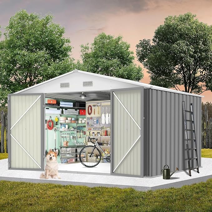 10X8FT Metal Storage Shed - Large Waterproof Tool Metal Shed with Lockable Doors & Vents, All-Weather Outdoor Sheds for Lawn Mower, Bike