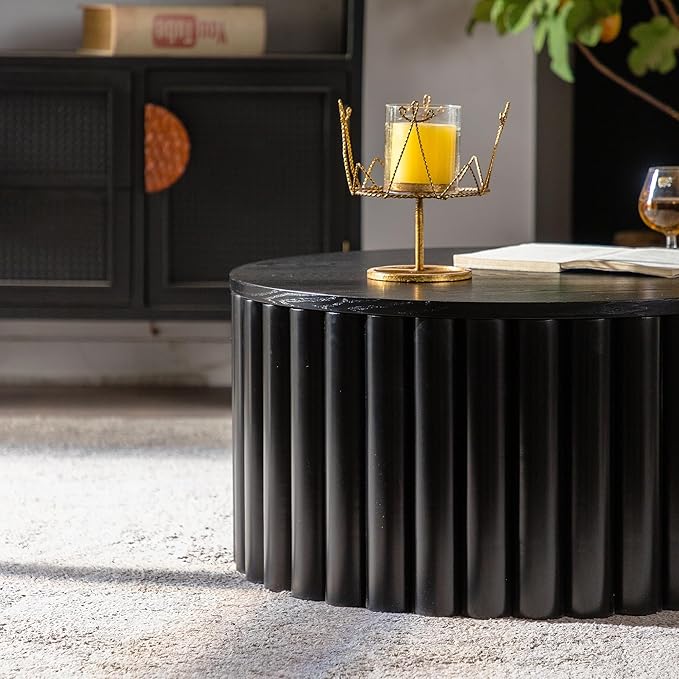 27.56" Round Lift-Top Coffee Table, Modern Fluted Tea Table with Hidden Storage for Living Room, Apartment or Office, Black