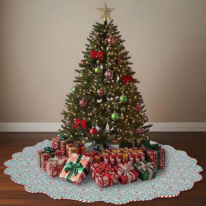 Christmas Tree Skirt Cotton Floral Block Tree Skirt in Nature Color for Home Xmas Party Seasonal Holiday Decoration Indoor Outdoor(60 Inch,Green)