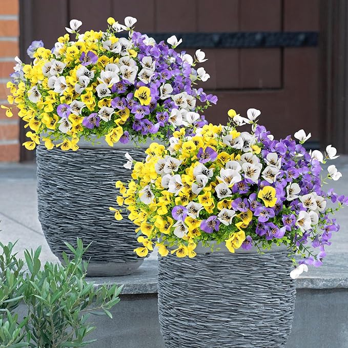 Geegoods 24 Bundles Artificial Flowers Outdoor – Fake Pansy Flowers UV Resistant Plastic Faux Pansies for Front Door Garden Porch Window Box Patio Home Decor