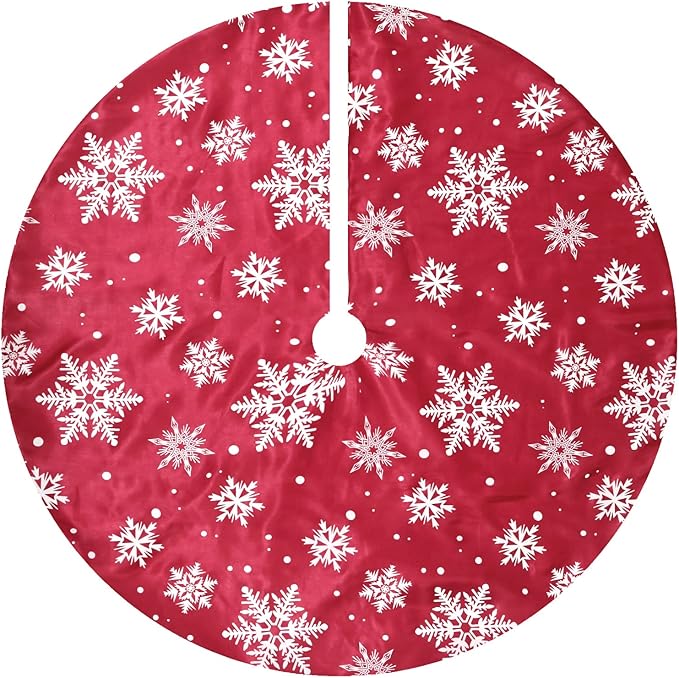 Flash World 36 Inch Large Christmas Tree Skirt Xmas Soft Cover Mat Decor Snowflake Collar Farmhouse Tree Skirt for Holiday Ornaments Party Home Indoor Decorations (Flocking Red, 36INCH)