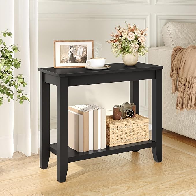 Hoctieon End Table with Double Storage Shelves, Sturdy Wooden Side Table for Living Room, Bedroom, Modern Nightstand Sofa Table for Small Spaces, Black