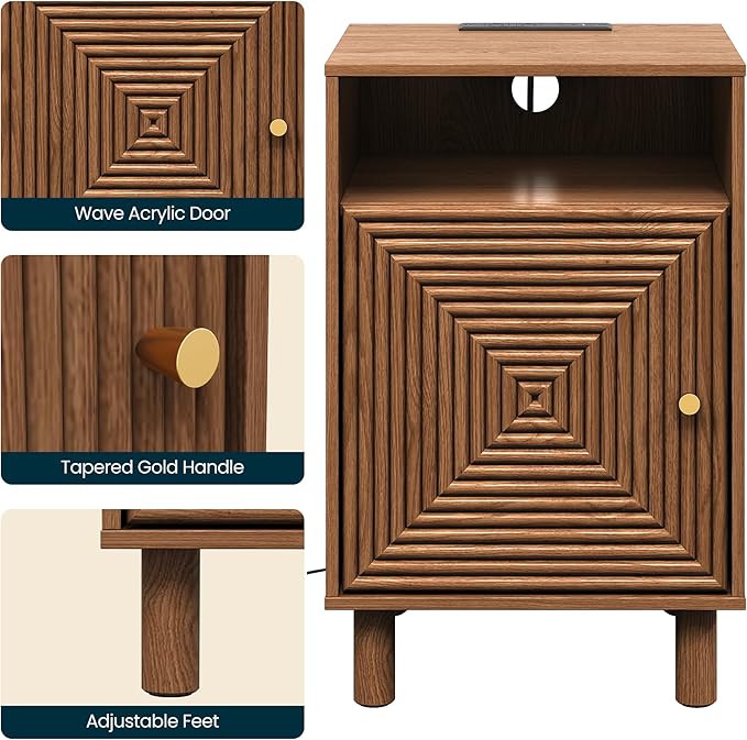 RoyalCraft Nightstand with Charging Station, Modern Side Table with Door, Accent End Table with Solid Wood Legs, Bedside Table for Bedroom, Entryway, Brown