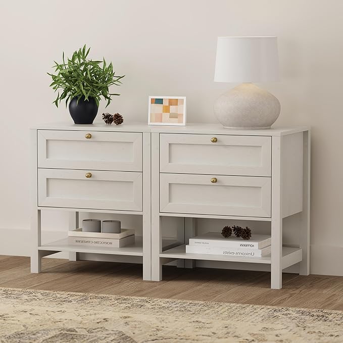 End Tables Set of 2 with 2 Drawers, Farmhouse Nightstand with Open Shelf, Modern Bedside Cabinet Side Table Night Stand for Bedroom, Living Room, Antique White