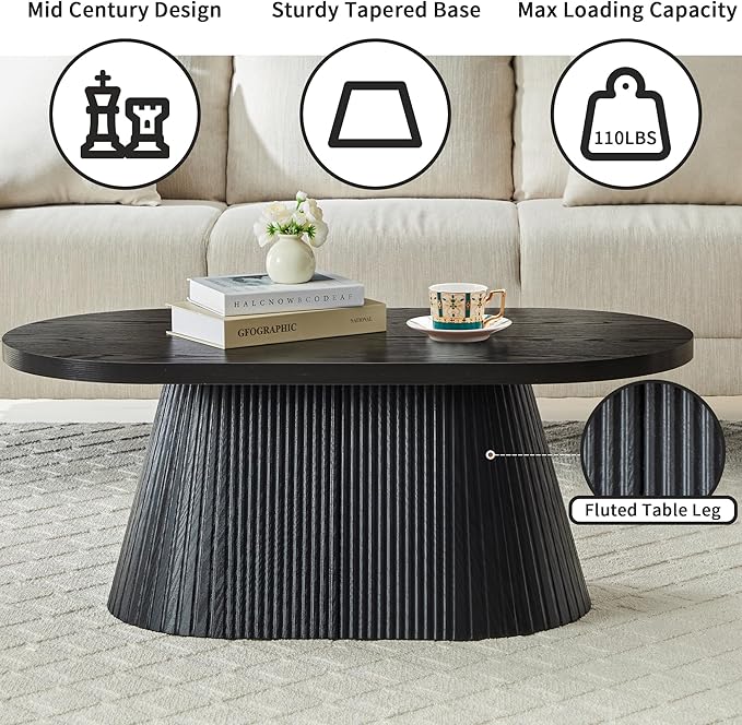 Fluted Coffee Table with Sturdy Tapered Base, Wood Oval Small Coffee Table, Mid Century Modern Center Table for Living Room Office (Black 1)