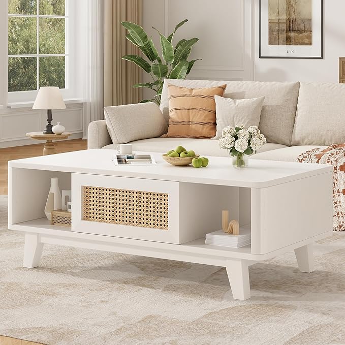 Soohow Coffee Table, Mid Century Living Room Tables with Storage, Modern Square with Rattan Drawer, Wooden Living Room Table with Solid Wood Leg