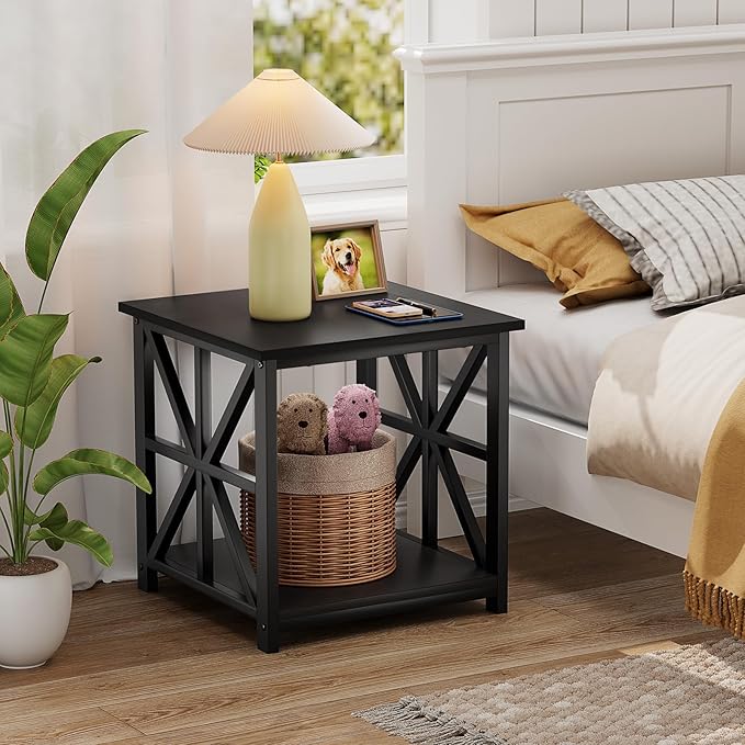 GreenForest End Table with 2-Tier Storage Shelf, 19.7 inch Side Table for Living Room, Modern Nightstand Bedside Table for Bedroom Office, Black