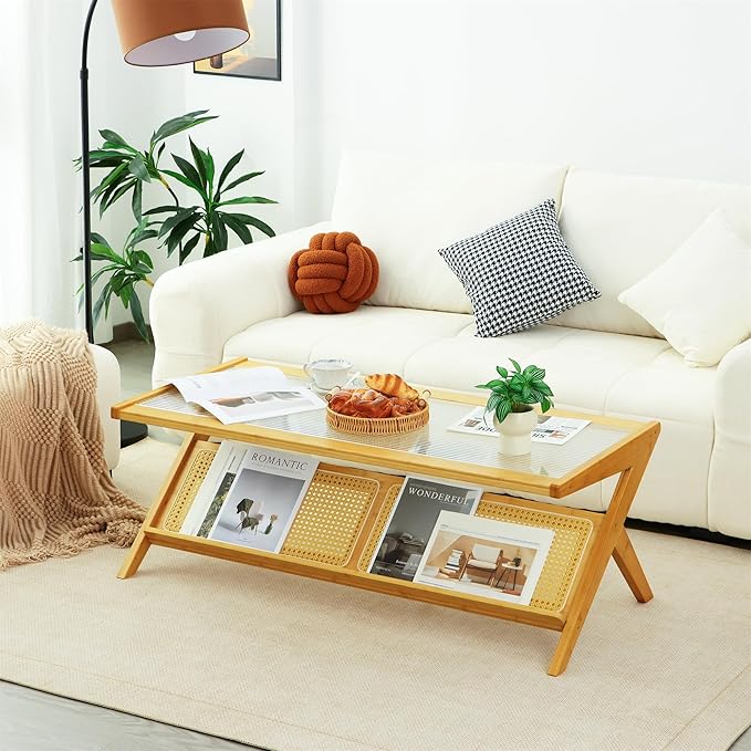 Bamboo Coffee Table, Accent Rattan Coffee Table with Glass Top, Mid-Century Wooden Center Tables, Modern Sofa Side Tea Tables with Storage for Living Room, Burlywood