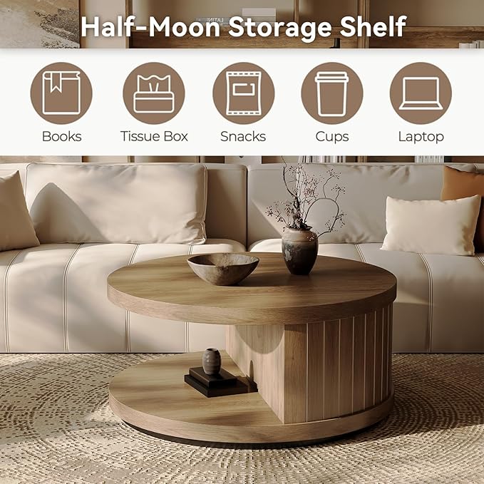 31-Inch Round Coffee Tables for Living Room, Wood Center Tea Tables with Open Shelf, Aesthetics Fluted Circle Coffee Table with Storage for Home Office, Natural Oak Brown
