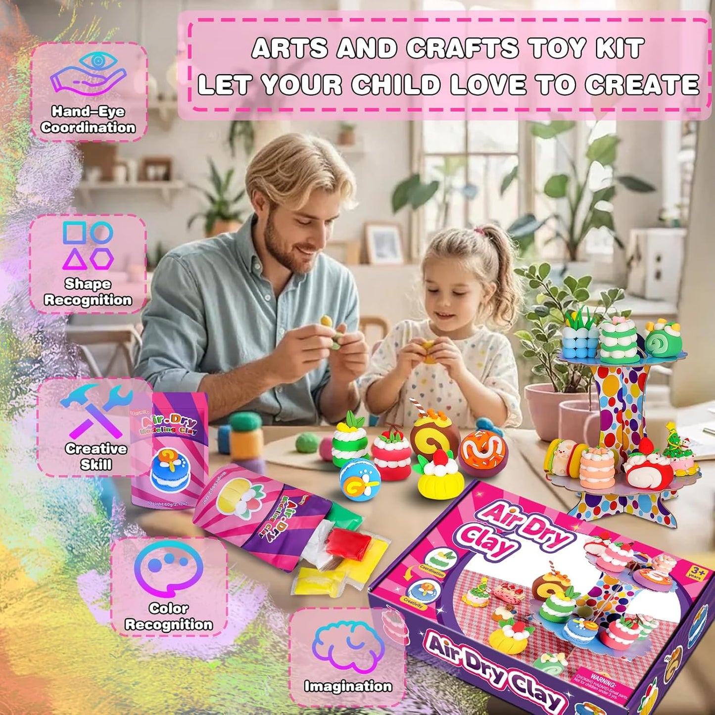 ifergoo Air Dry Clay Kit for Kids - Cakes Modeling Clay, Includes 6 Dessert Designs and Display Stand, DIY Art & Crafts School Projects, Home Party Kids Toys, Holidays Gifts for Age 3-12 Girls & Boys